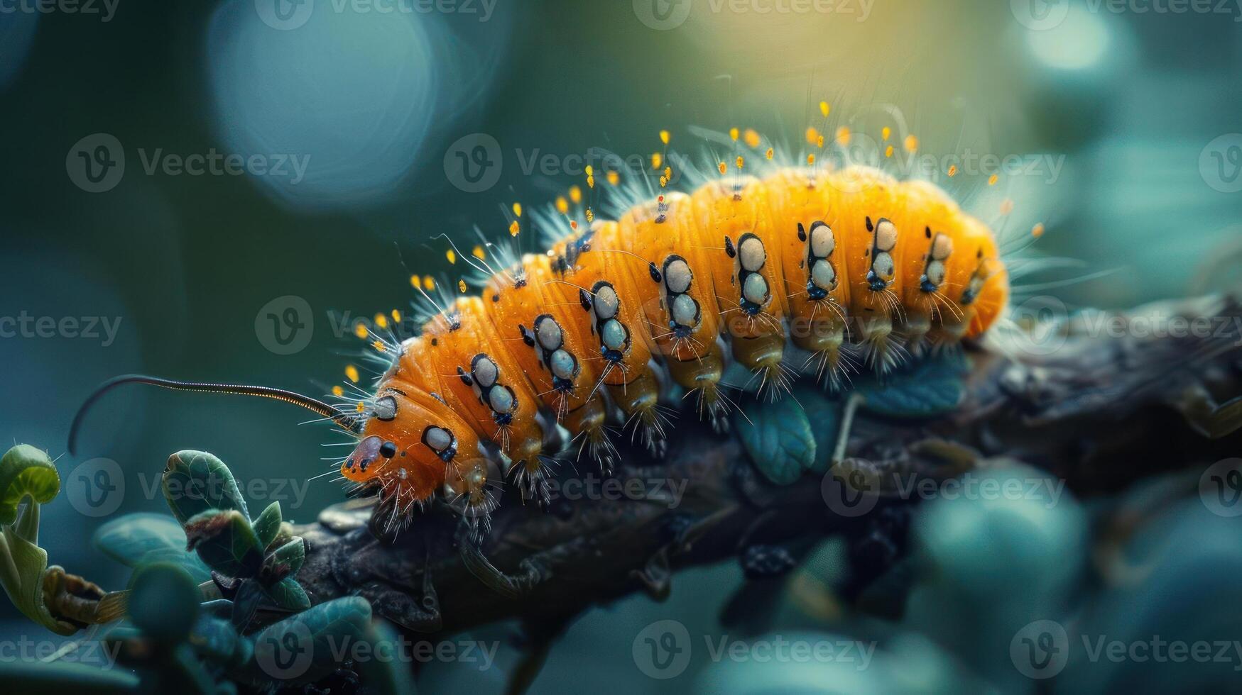 A colorful caterpillar with yellow, white, and black stripes, resting on a green leaf. photo