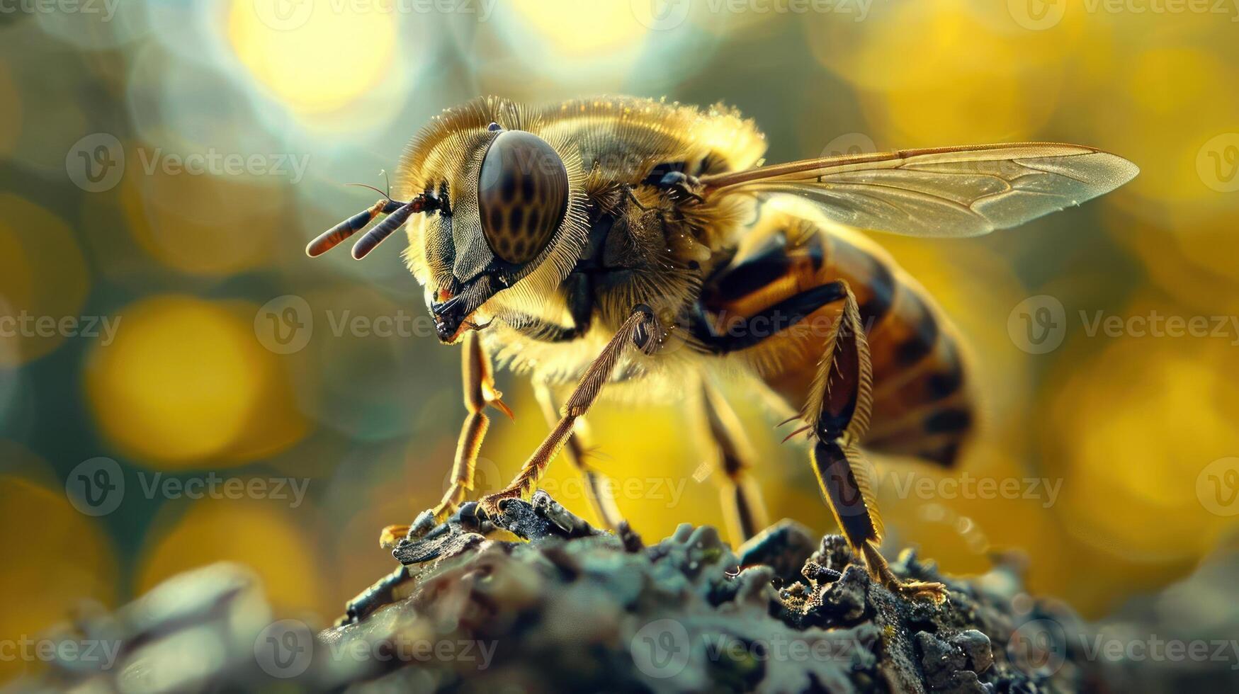 Bee on flower with blurred background, emphasizing the insect's role in pollination. photo
