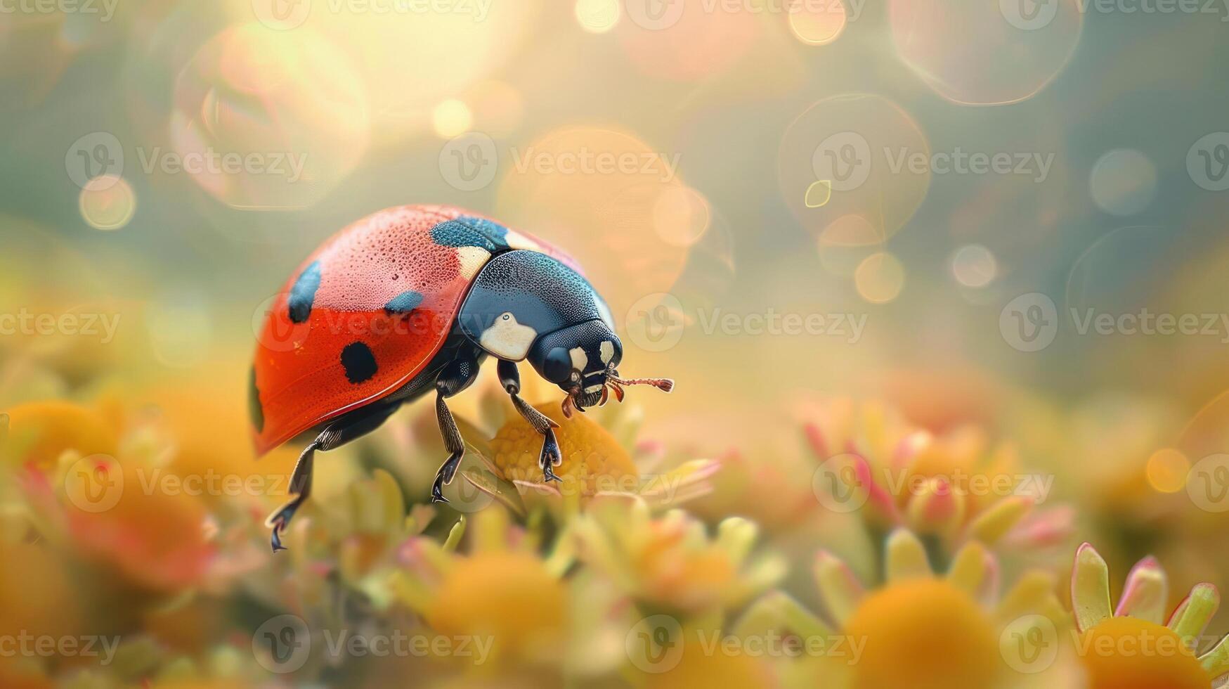 Beautiful, vividly colored close-up of a ladybug landing on a cluster of yellow flowers, photo