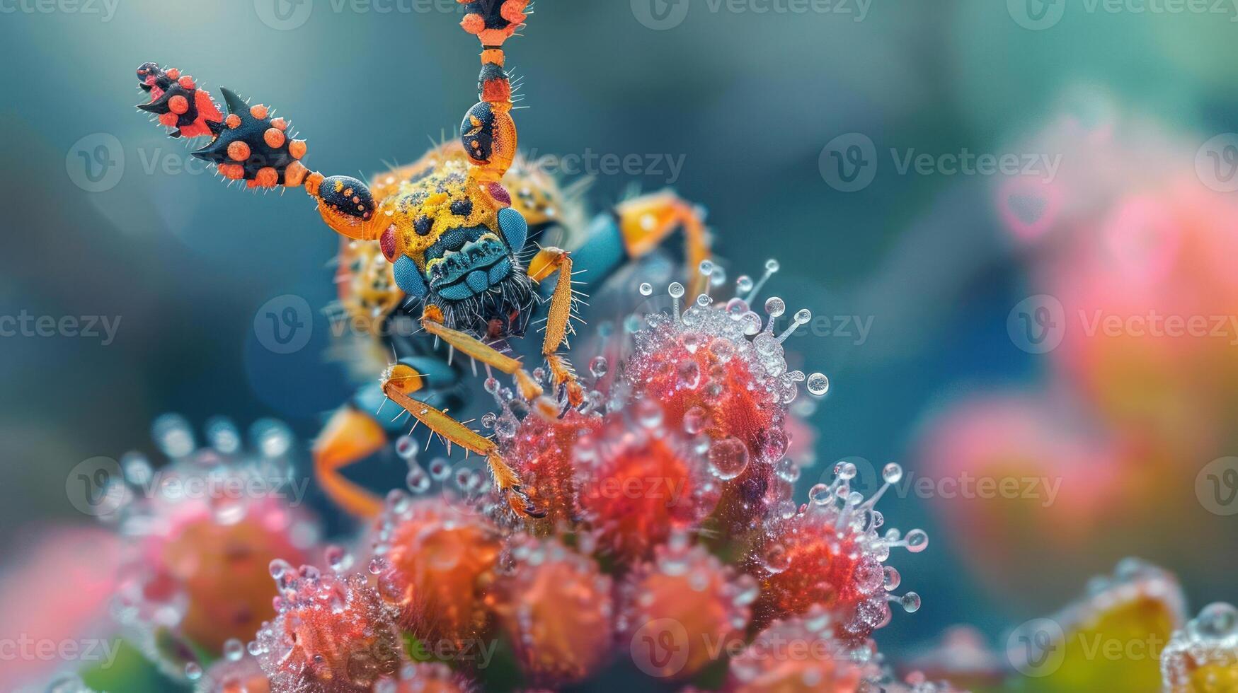 A vibrant bee buzzing through a snowy environment, photo