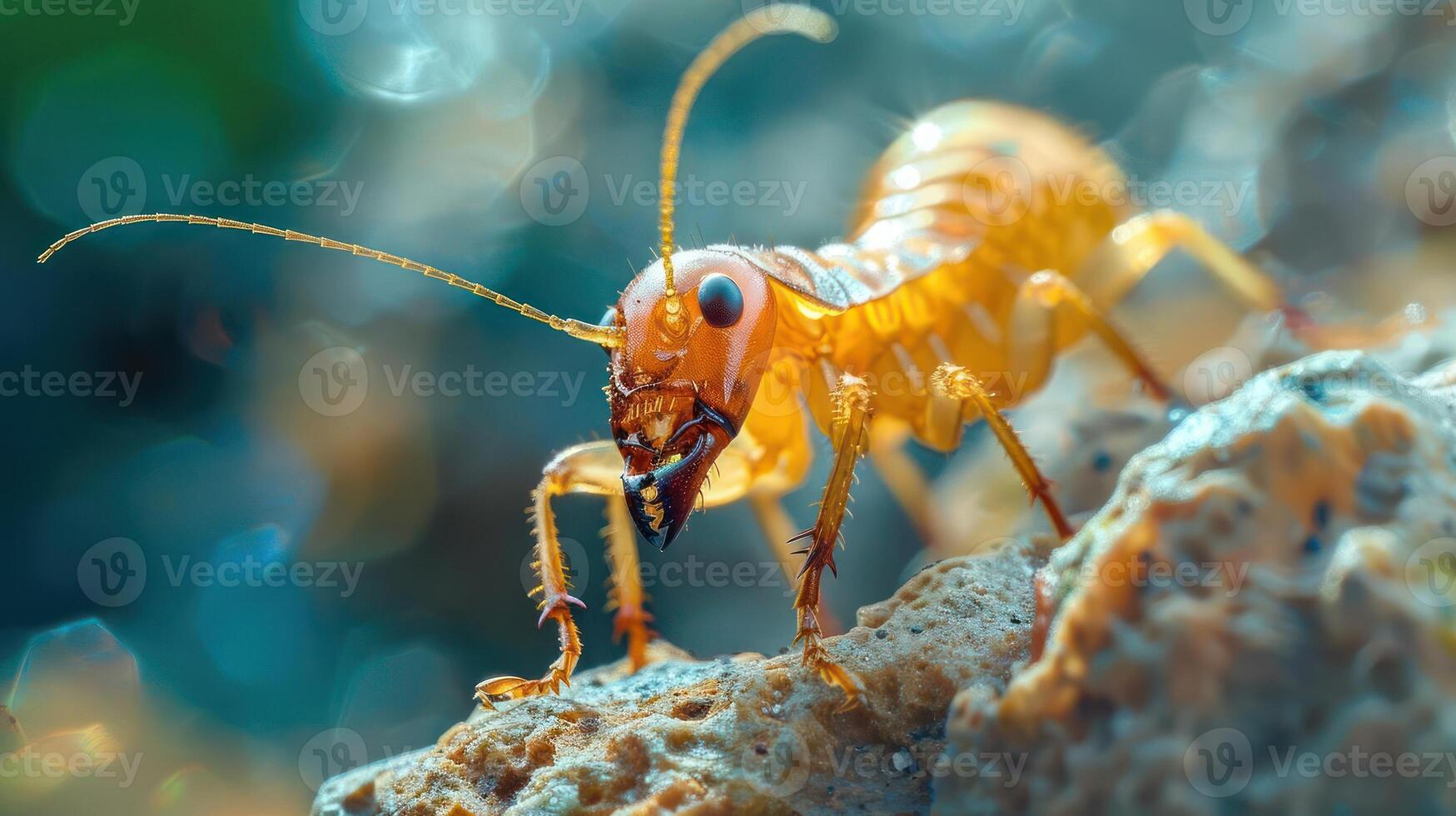 A close-up image of a yellow ant with its head facing the camera, photo