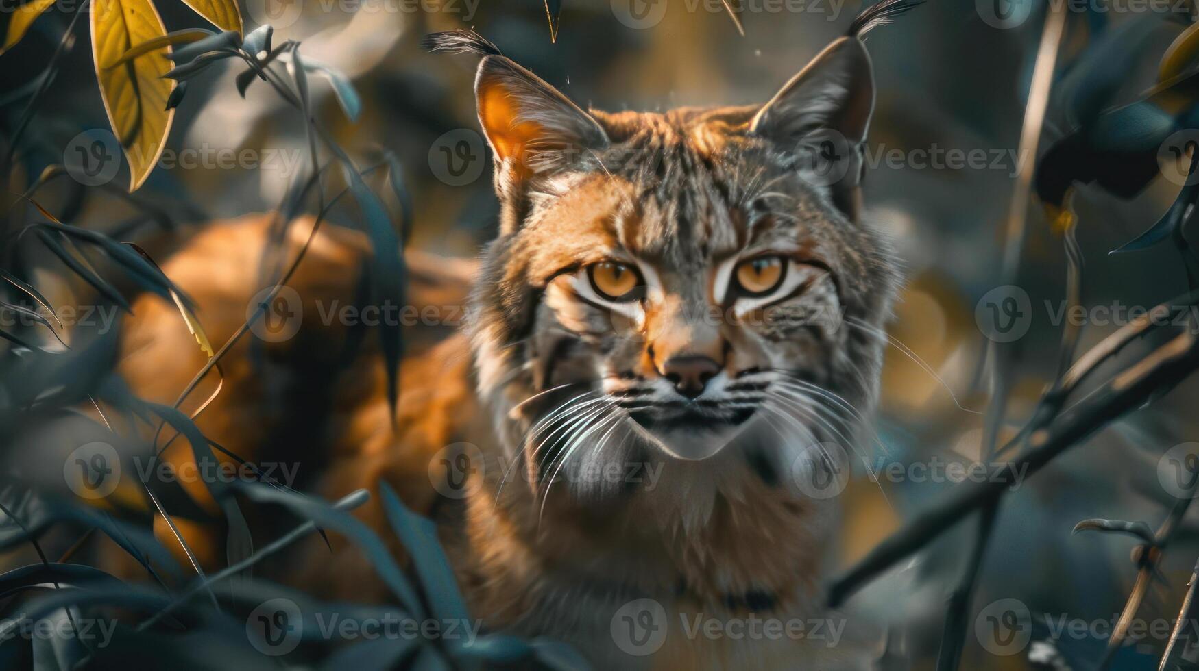 A wild cat peeking out from the foliage with a piercing gaze. photo