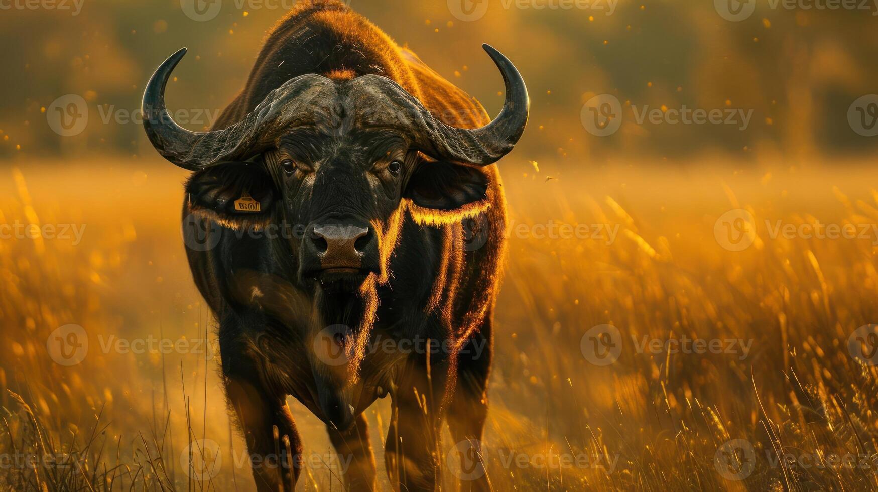 A powerful bovine animal, possibly a buffalo or longhorn steer, photo