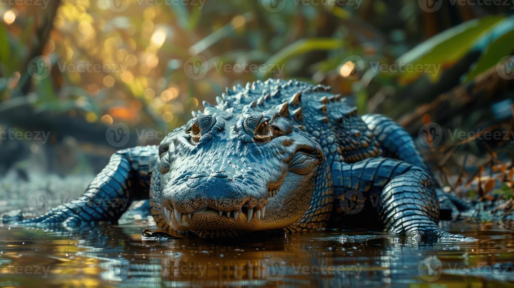a captivating scene from the Amazon rainforest where a crocodile rests on the bank of a river, photo