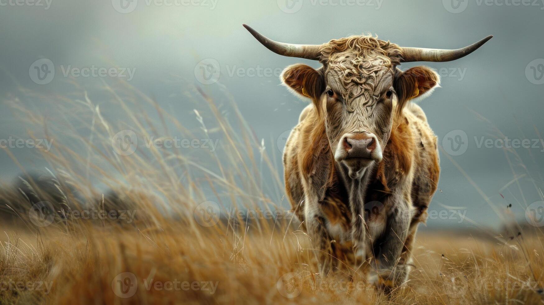 A full-grown bull with horns, captured in the wild on a grassy plain. photo