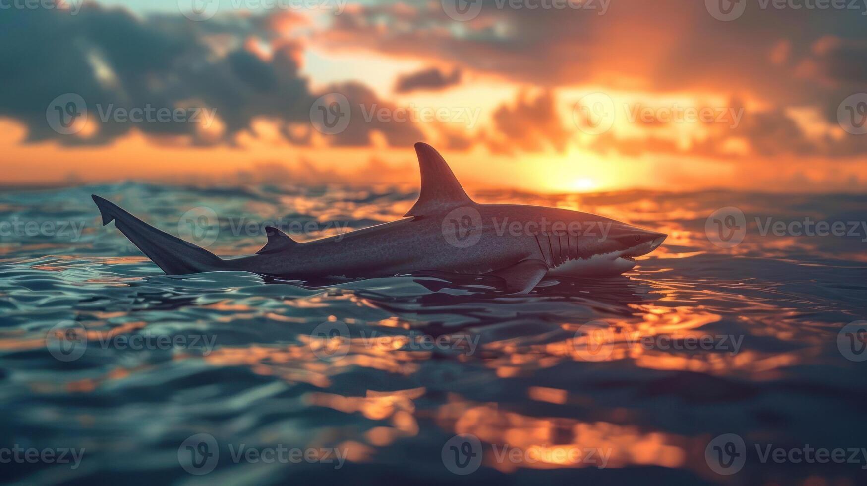 A shark silhouette swimming against a sunset sky in the ocean. photo