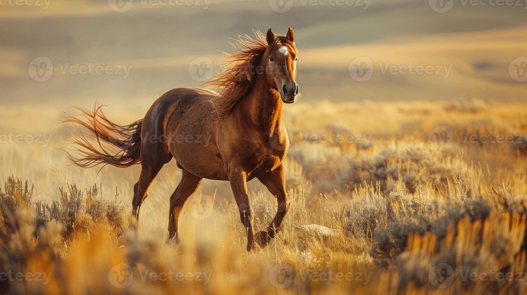A free-roaming horse gallops through a field of tall grass under the golden glow of a setting sun, photo