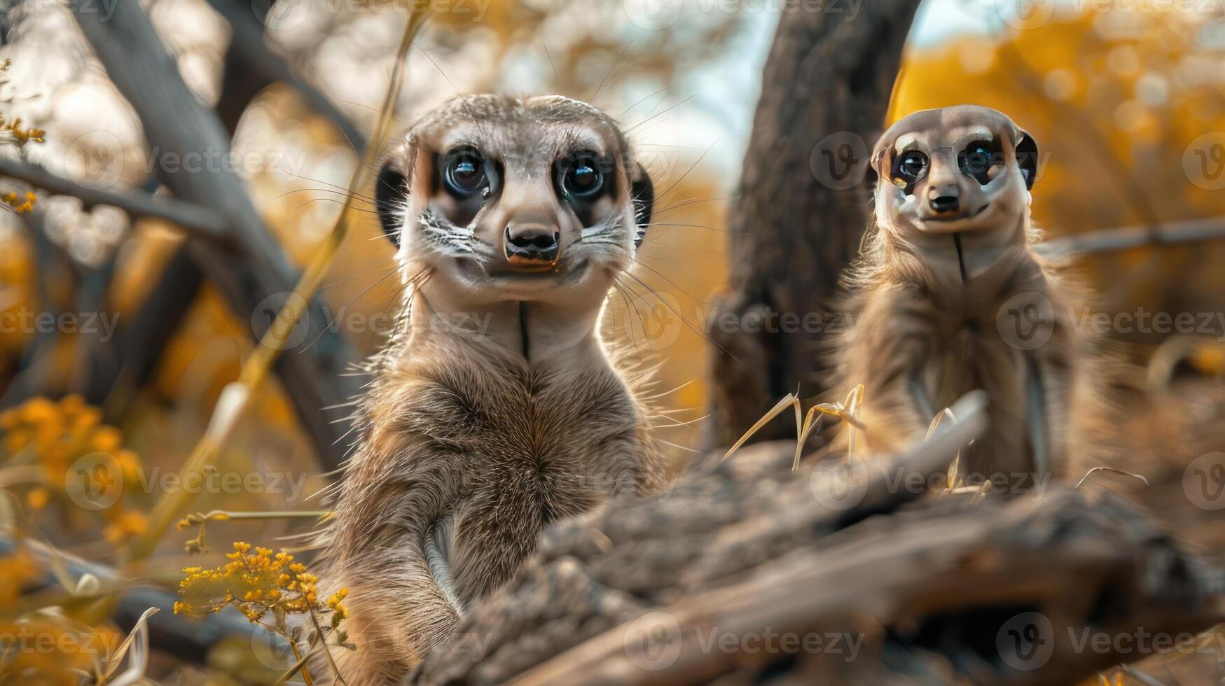 Adorable photo of two small meerkat pups standing on a grassy plain,