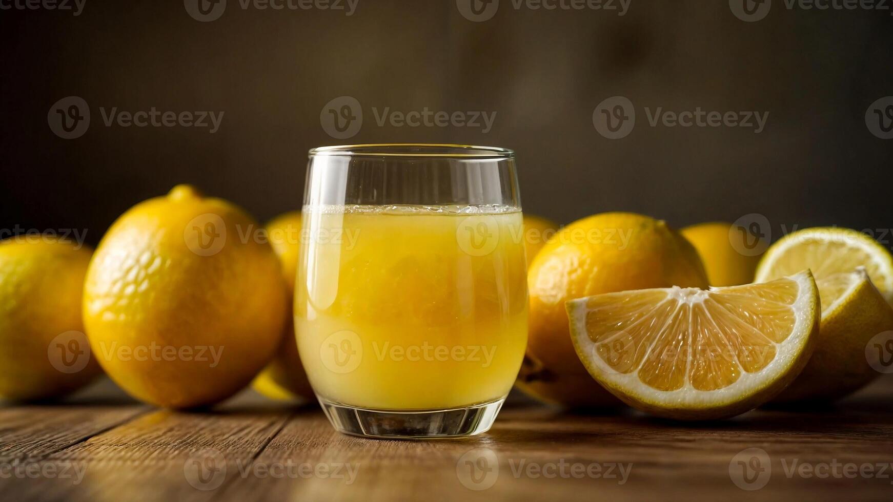 A glass of lemonade with lemon slices and lime juice on a wooden table. photo