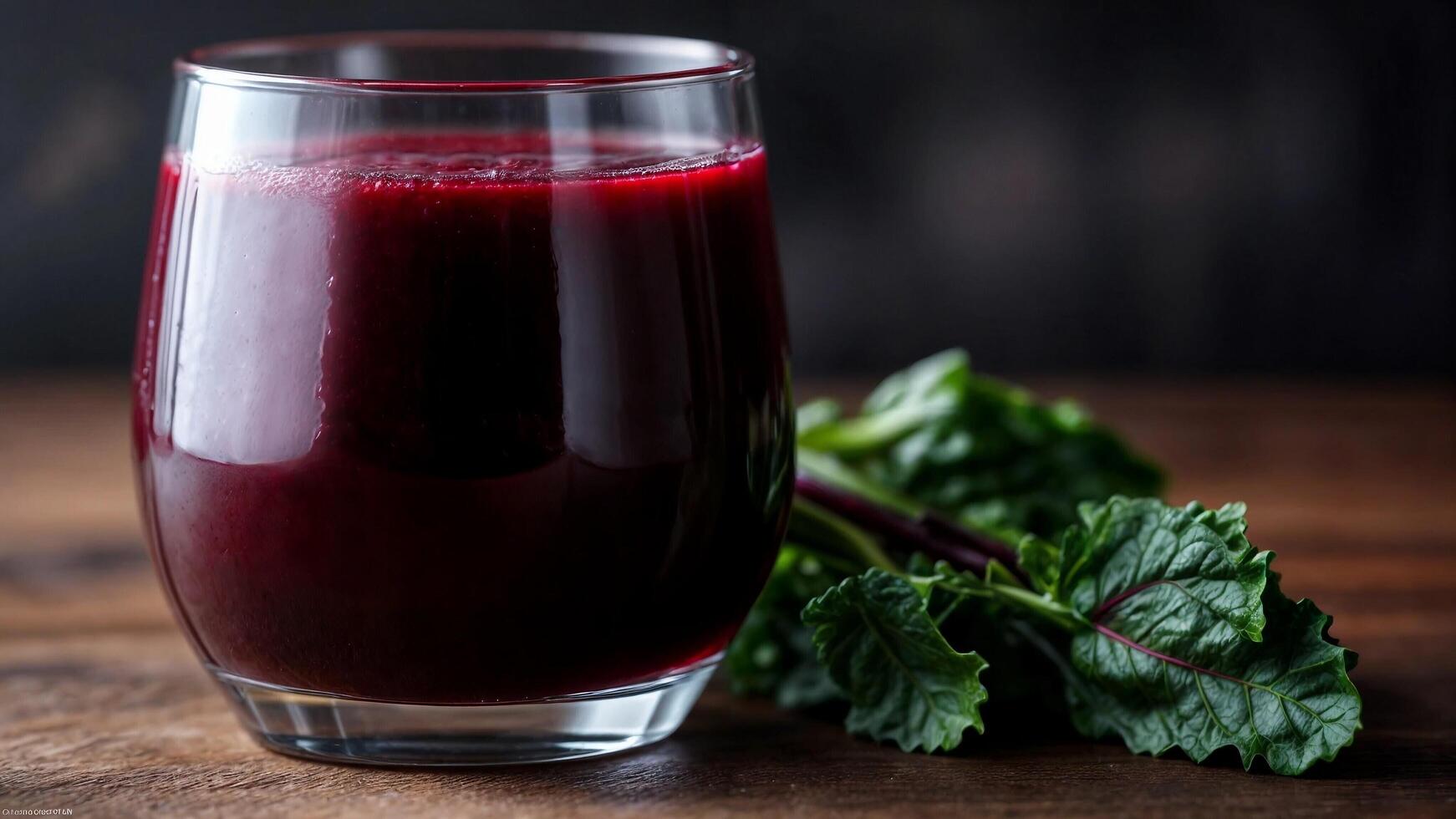 Glass of beetroot juice with slice of beetroot on on wooden table. photo