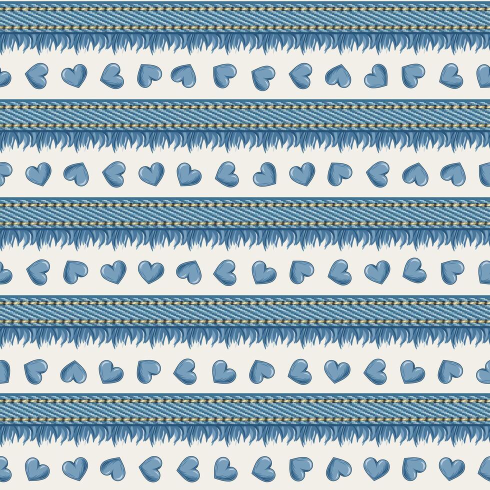 Monochrome blue denim pattern with small hearts. Horizontal jeans texture stirpes with fringe, topstitching. Groovy, hippie, naive style for apparel, fabric, textile, design vector