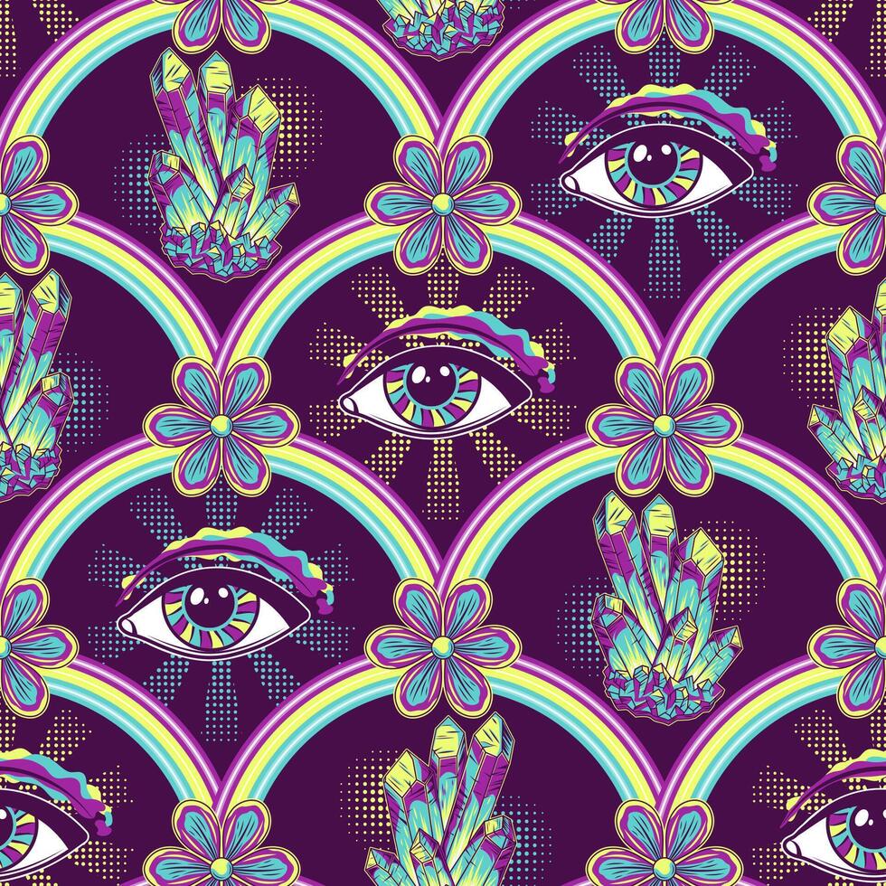 Pattern with arch shaped ornament, all seeing eye, crystals, chamomiles. Geometric fan shaped grid. Concept of expanded mind. For fantasy, groovy, hippie, mystical, esoteric, surreal design vector