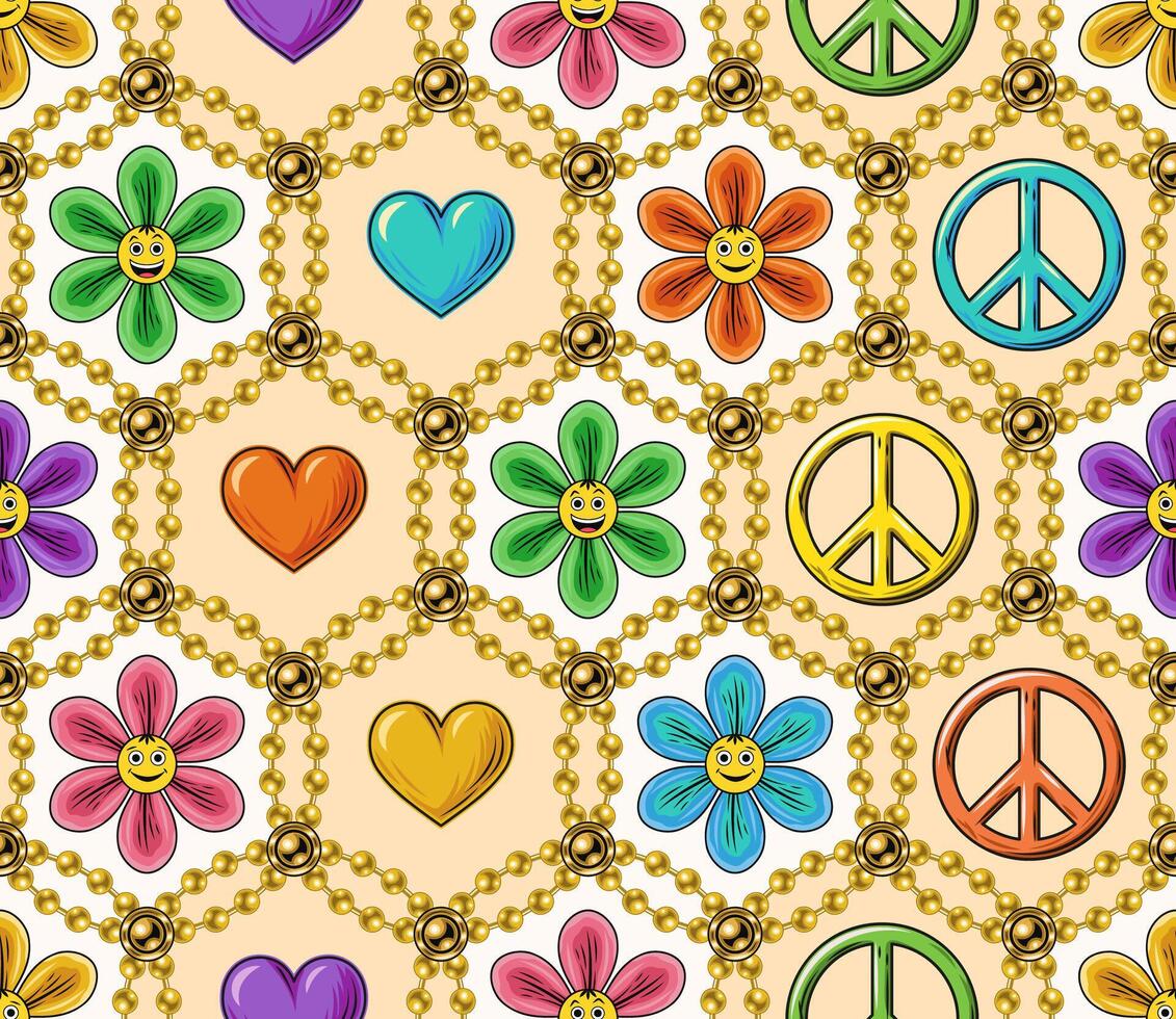 Seamless pattern with chamomile flower, heart, peace sign, beads, emoji. Hexagonal geometric grid. Peaceful, positive background in groovy, hippie style. vector