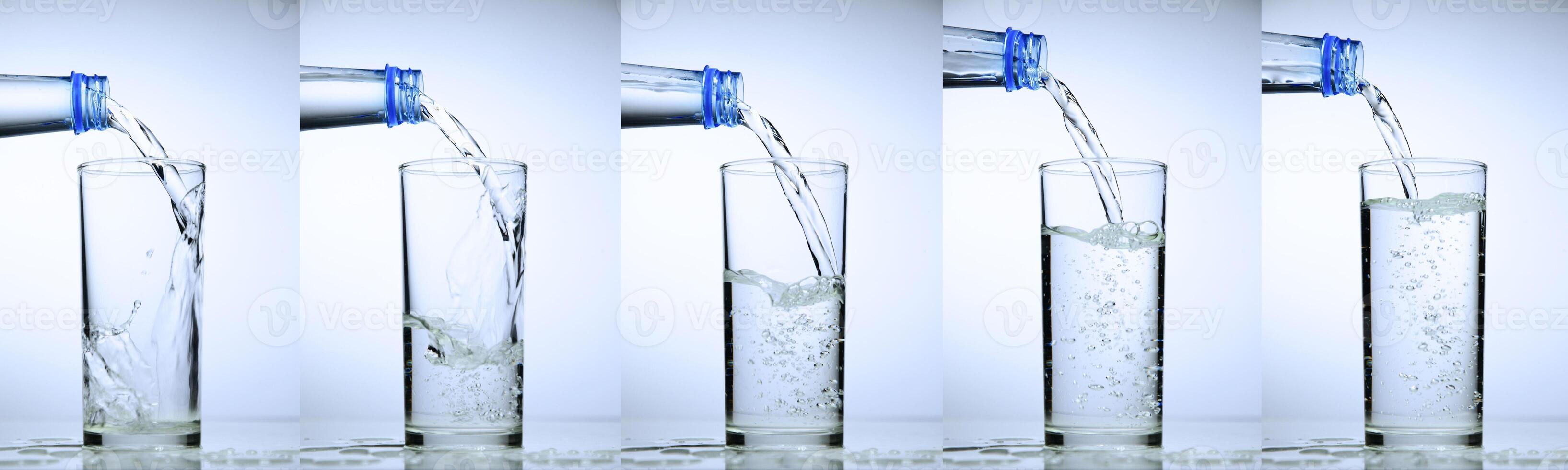Sequence of Water Being Poured into a Glass from a Bottle in Five Stages on a White Background photo