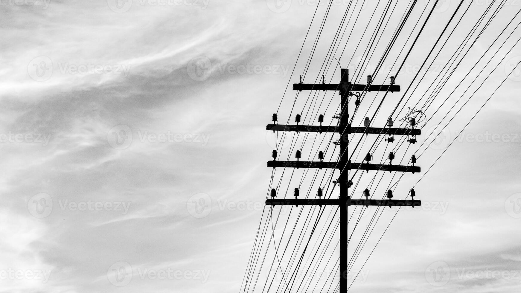 Black and White Photograph of a Telephone Pole with Power Lines Against a Cloudy Sky photo
