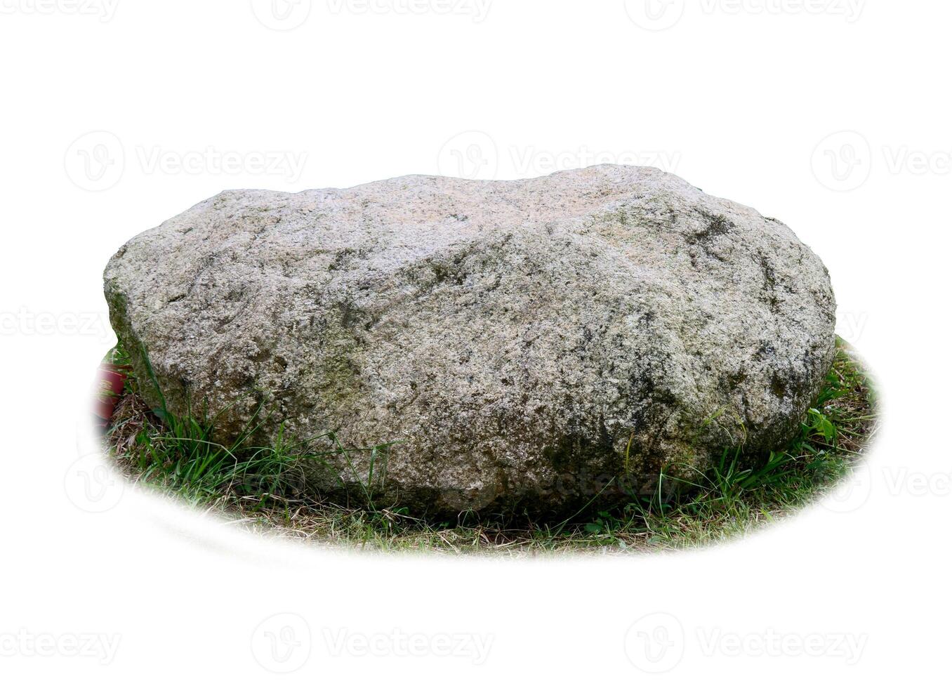 Large Natural Stone on Grass Isolated on White Background for Landscaping and Garden Design photo