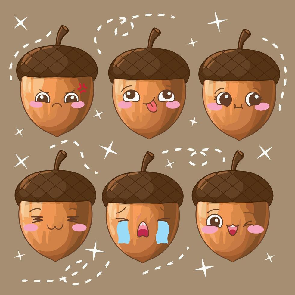 Cute cartoon acorn character set with different emotions illustration. vector