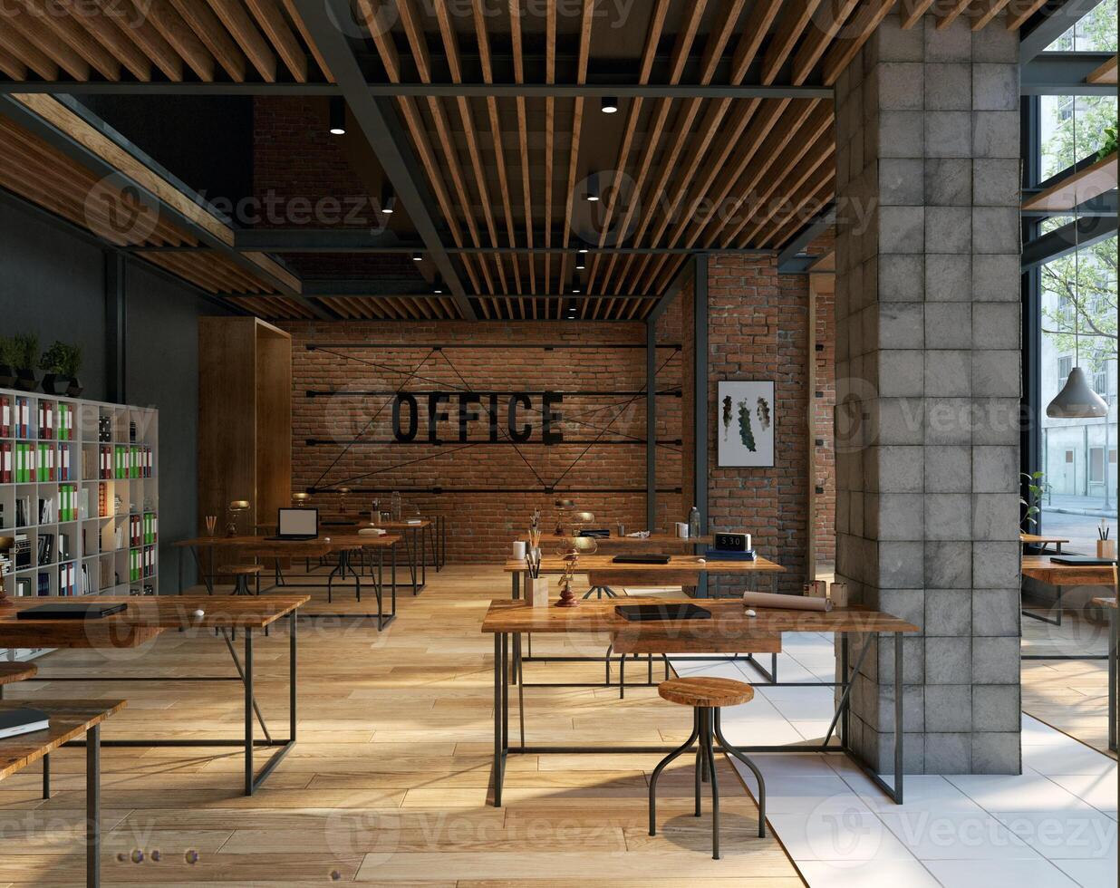 open office space with wooden floors and brick walls photo