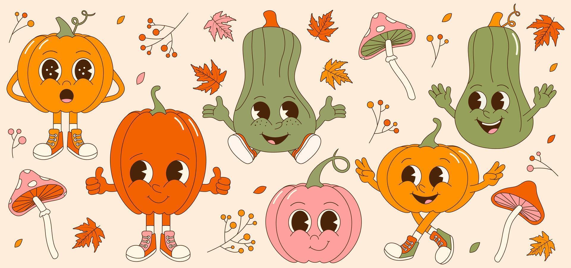 Retro collection of cute pumpkin stickers. Groovy cartoon characters vector