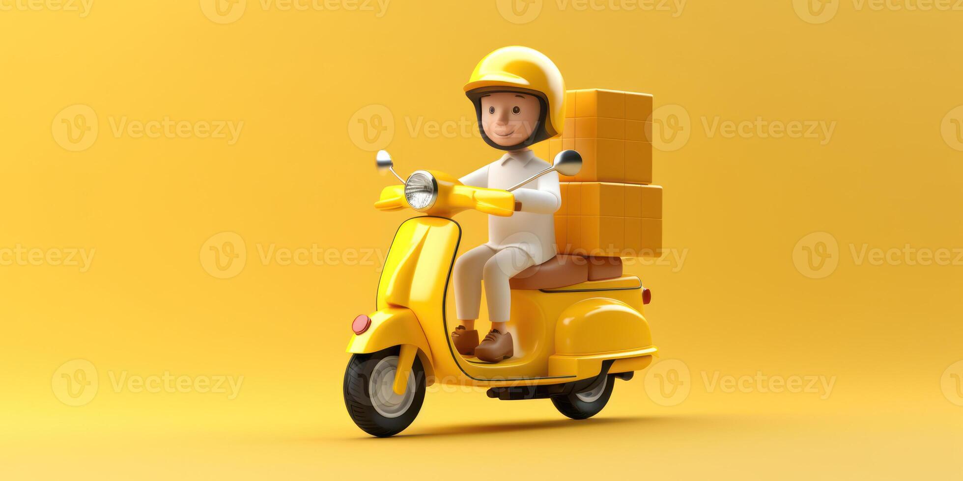 Delivery Man Character On Scooter With Parcels On Yellow Background. Courier Delivering Packages On Moped. photo