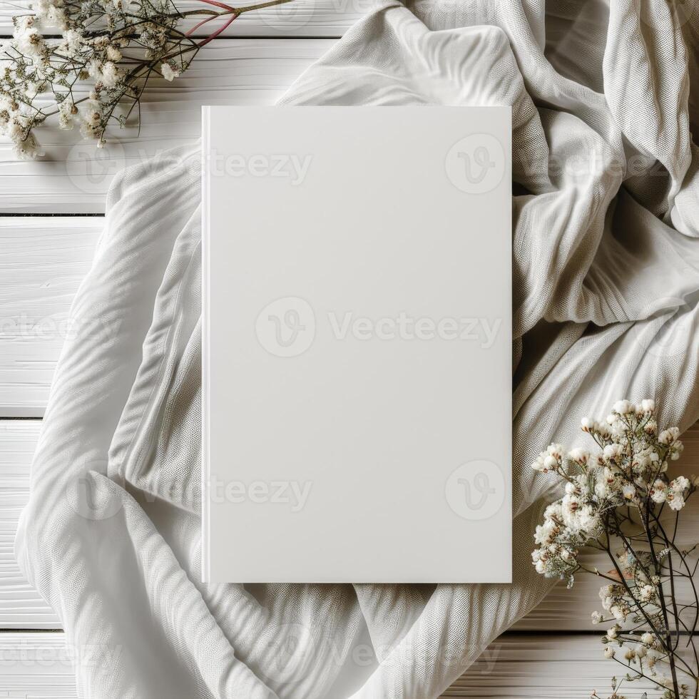 Blank Book Cover Mockup on Wrinkled Fabric with Delicate White Flowers. Card, Invitation empty mockup photo