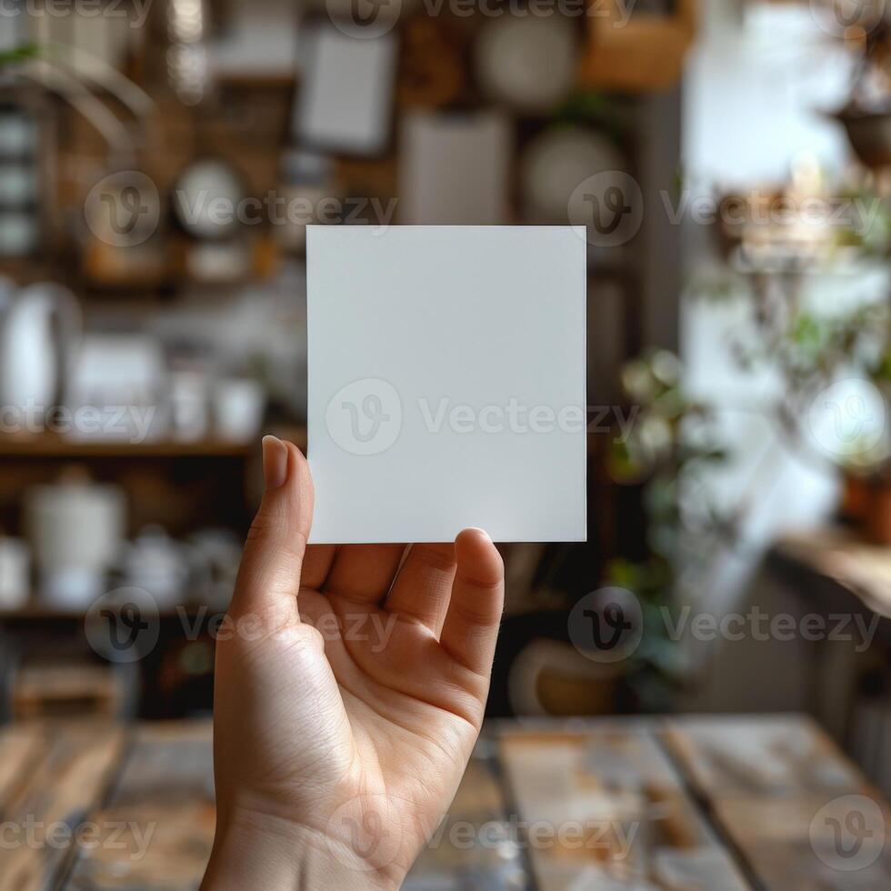 Person Holding Blank Square Card Mockup in Cozy Living Room with Plants and Decor in Background. photo