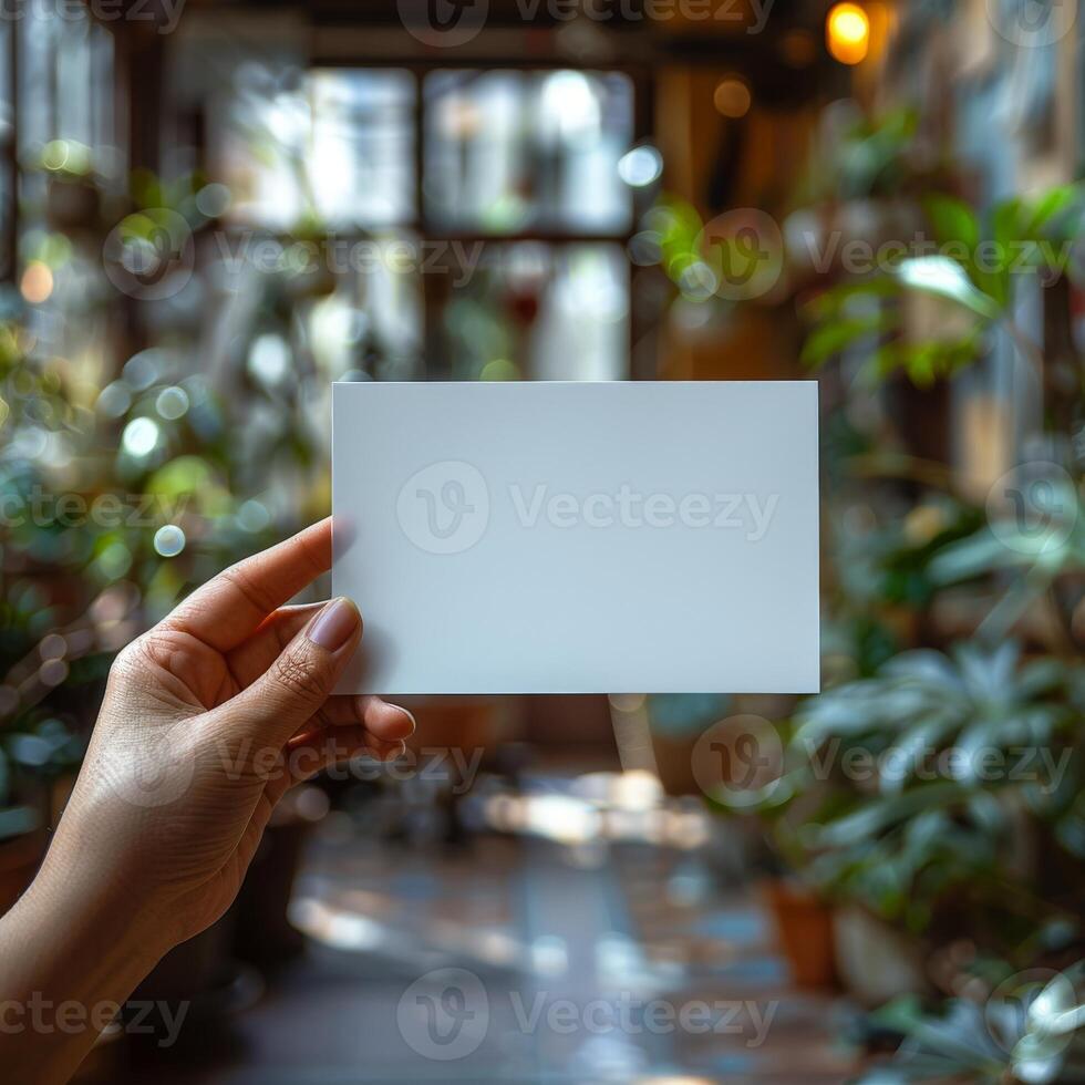 Hand Holding Blank White Card Mockup in Lush Indoor Plant-Filled Room with Natural Light. photo