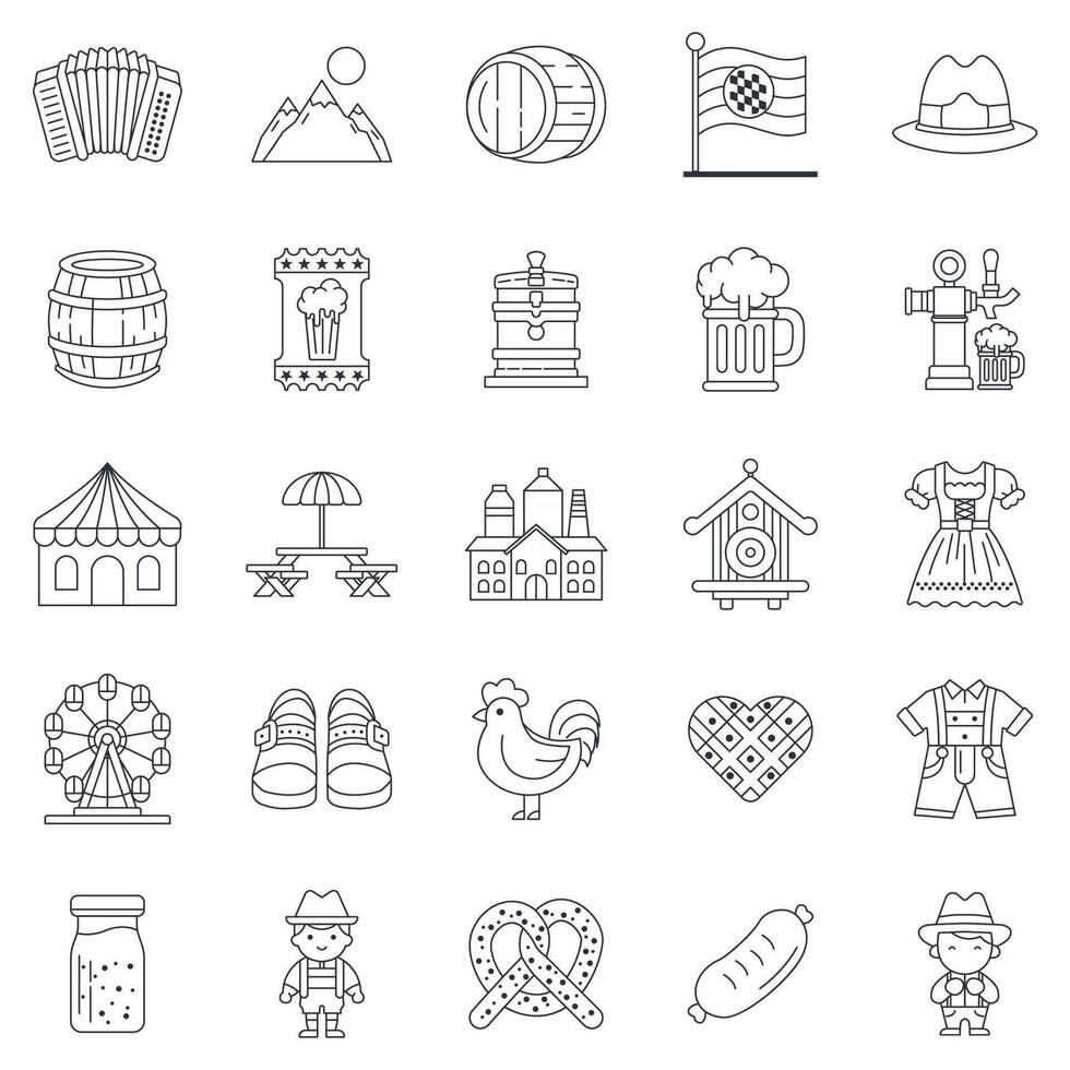 Oktoberfest icons set, Included icons as Accordion, Beer Barrel, Brewery, Dirndl Dress and more symbols collection, logo isolated illustration vector
