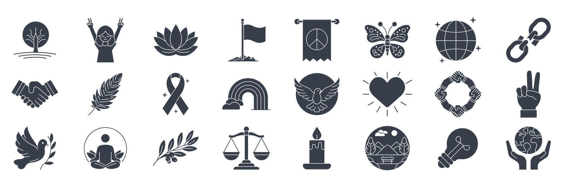 International Day of Peace icons set, Included icons as Balance Scale, Dove, Light Bulb, Lotus Flower and more symbols collection, logo isolated logo illustration vector