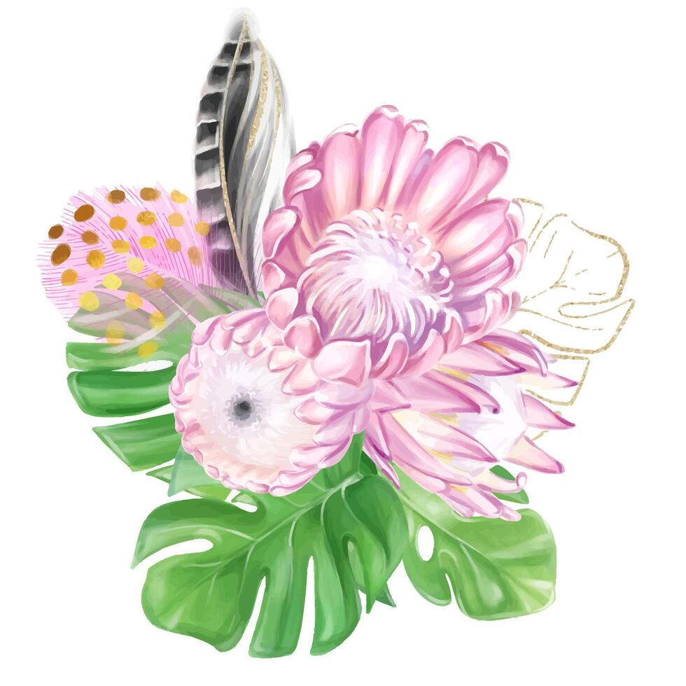 Watercolor composition of tropical pink protea flower and monstera leaves with feathers. To create wedding design, invitations, decor. vector