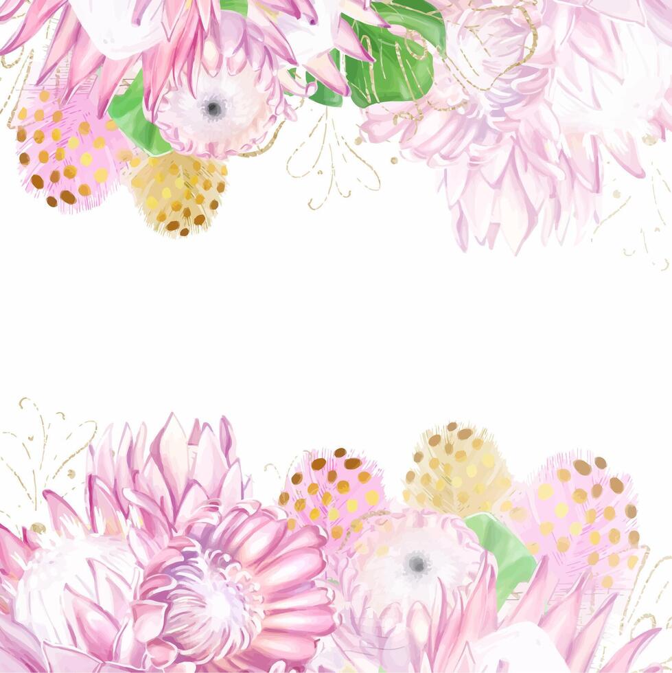 Tropical banner, square frame with pink protea flowers and colorful feathers. Exotic plants, romantic, luxury template for design. vector