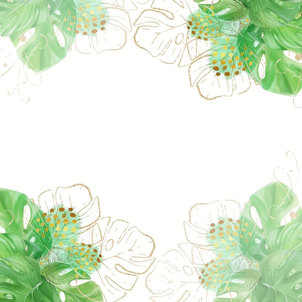 Square frame, banner with monstera tropical leaves. Watercolor illustration. Template for design. vector