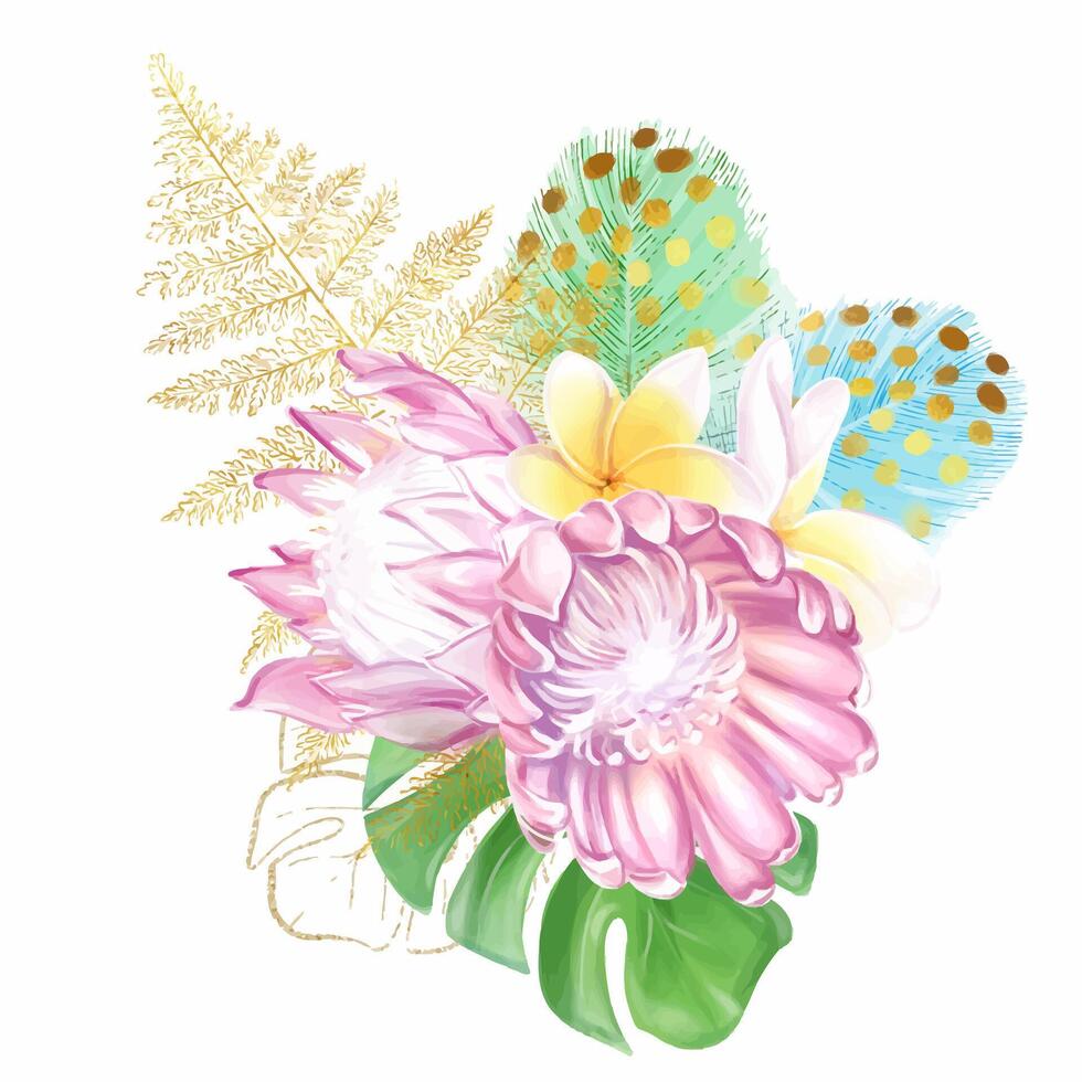 Watercolor bouquet of tropical pink protea flowers, monstera leaves, feathers and evil fern. Composition to create a festive design, invitations. vector
