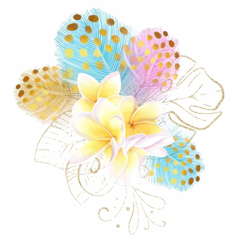 Watercolor bouquet of colorful feathers and tropical frangipania flowers with golden monstera leaves. luxury design. vector
