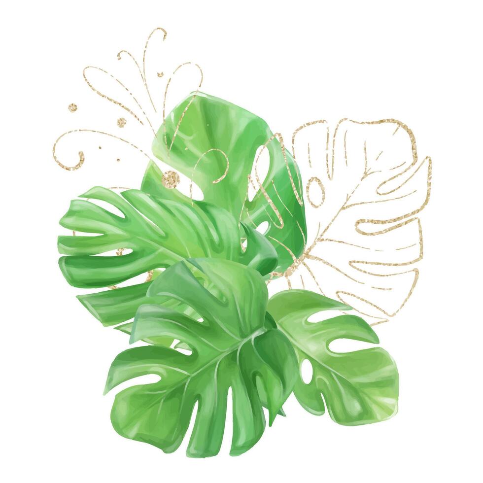 Watercolor bouquet of tropical monstera leaves with golden leaves and a pattern to create a design. vector