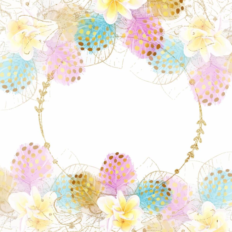 Exotic style round gold frame with white frangipani flowers and colorful feathers.Tropical, luxury design in aloha, hawia style. vector