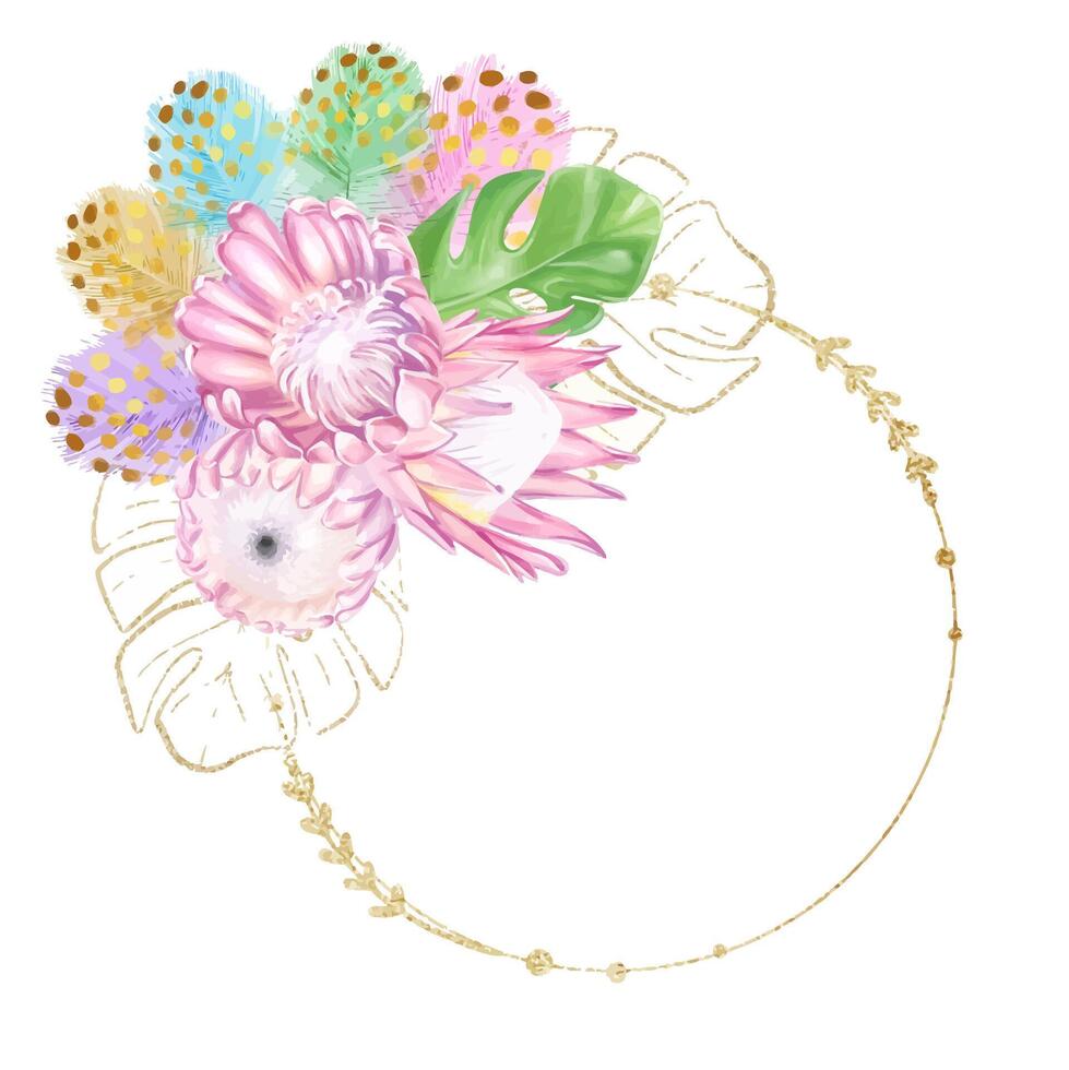 Golden round frame with watercolor pink protea flowers, monstera tropical leaves, colorful feathers with golden elements. Luxury design. Template for creating invitations. vector