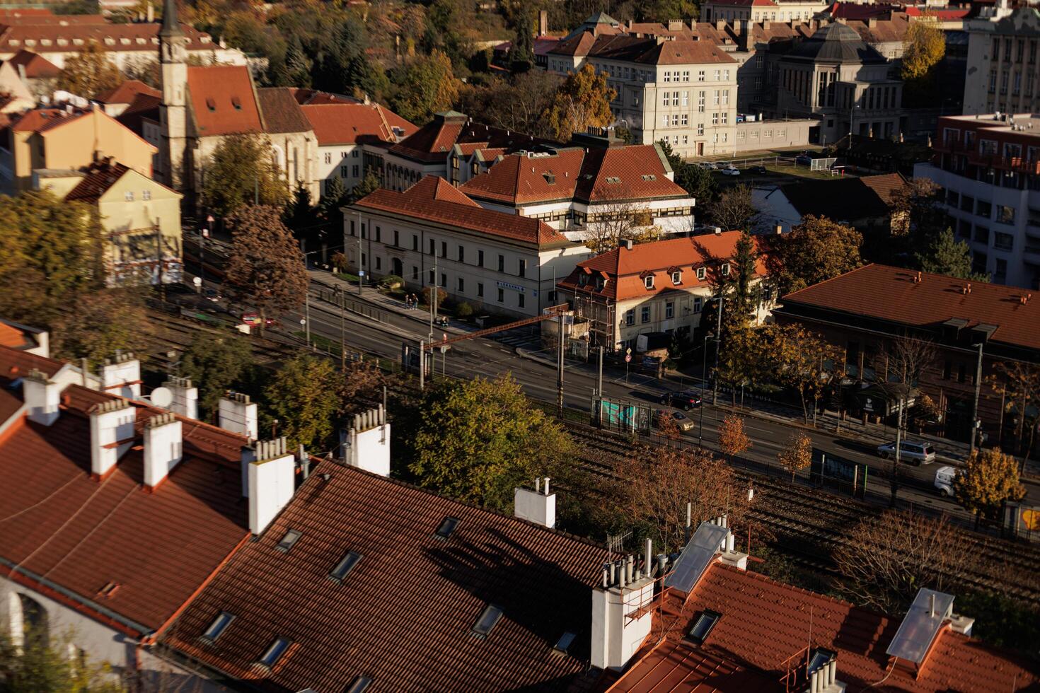 Colorful rooftops and railway tracks in the city in Vysehrad in Prague photo