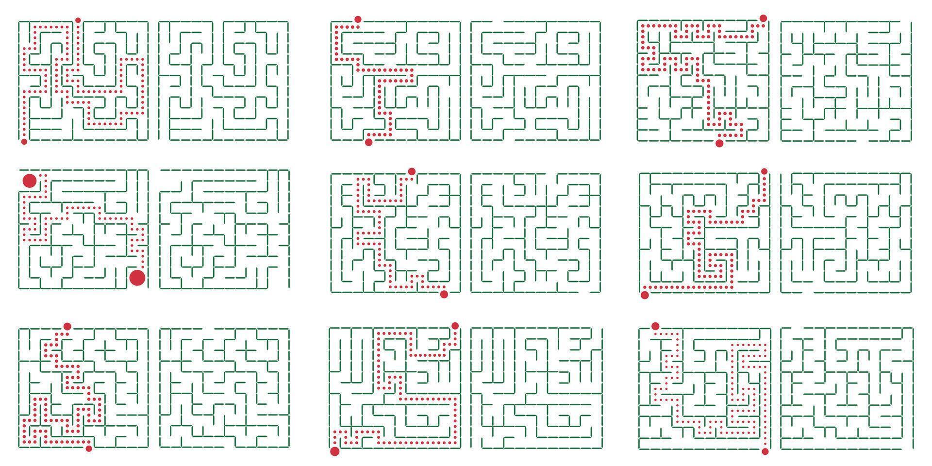 Labyrinth game. Square maze with correct solutions. vector