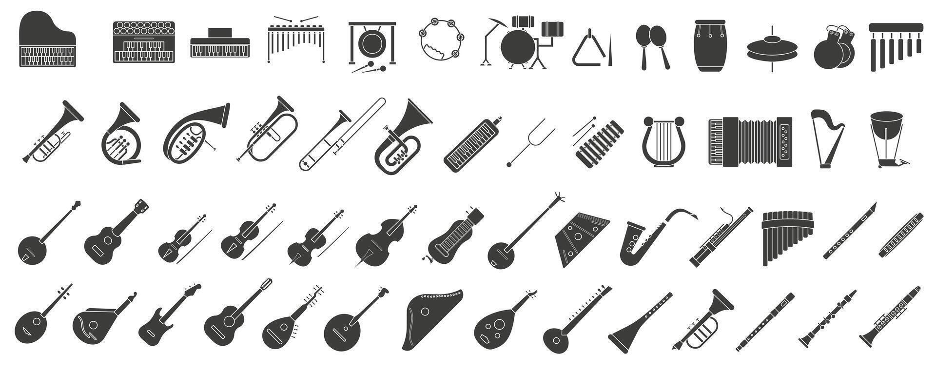 A simple set of dark hollow musical instruments. Images of various musical instruments. vector