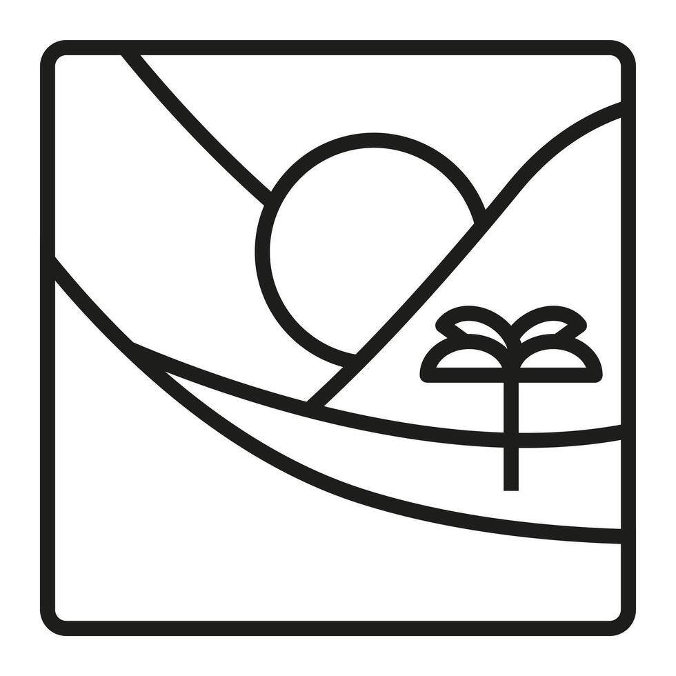 Thin line drawing. Abstract tropical island. The sun over the sea and mountains. vector