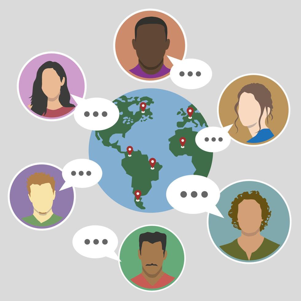 Chat with friends from all over the world. Color icons of people chatting. The World Wide Web. Planet in chat. vector