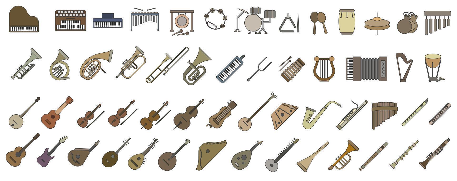 A simple set of colored musical instruments with a stroke. Images of various musical instruments. vector