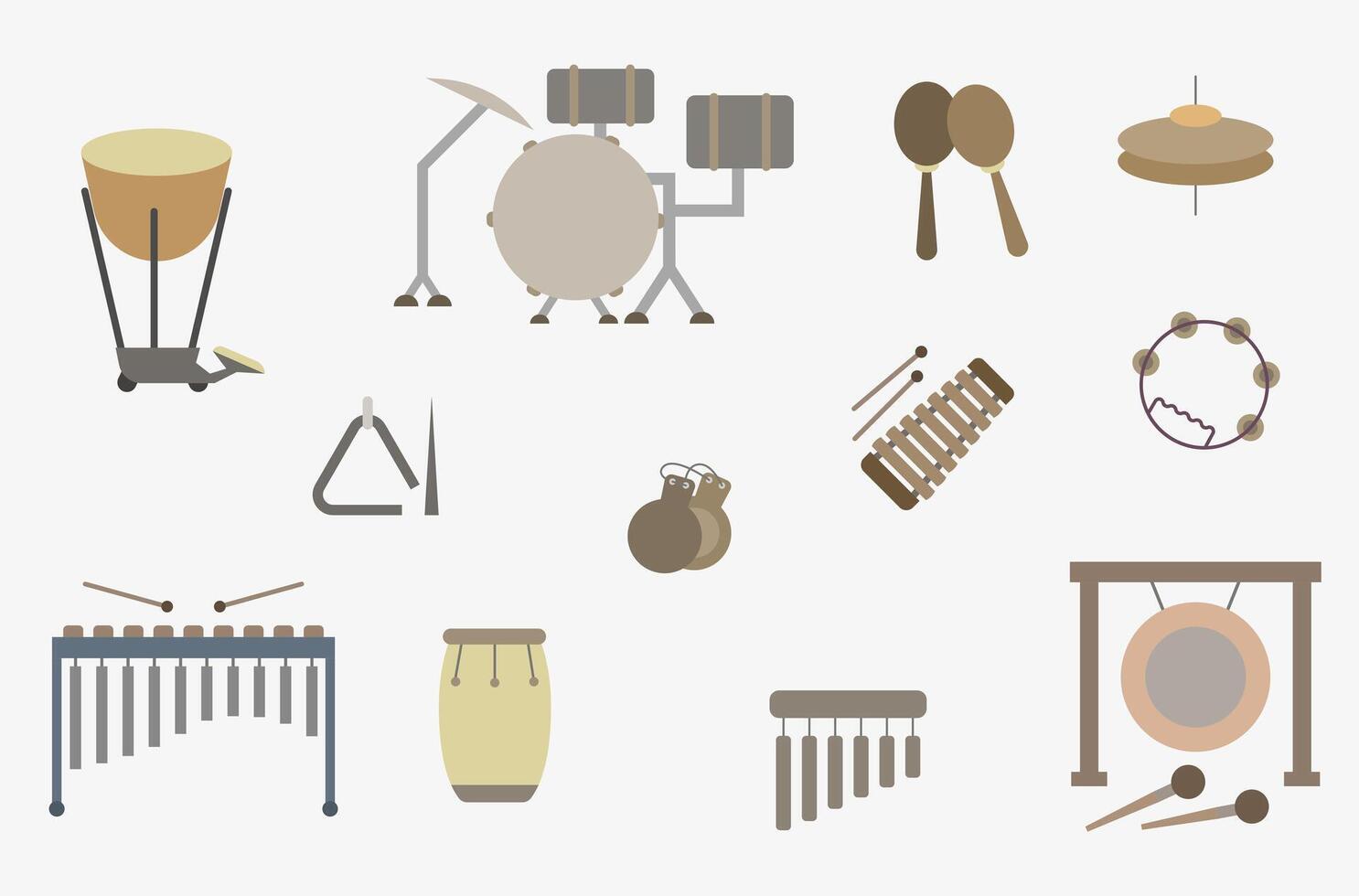 Set of colored percussion musical instruments. Percussion instruments with the name. vector