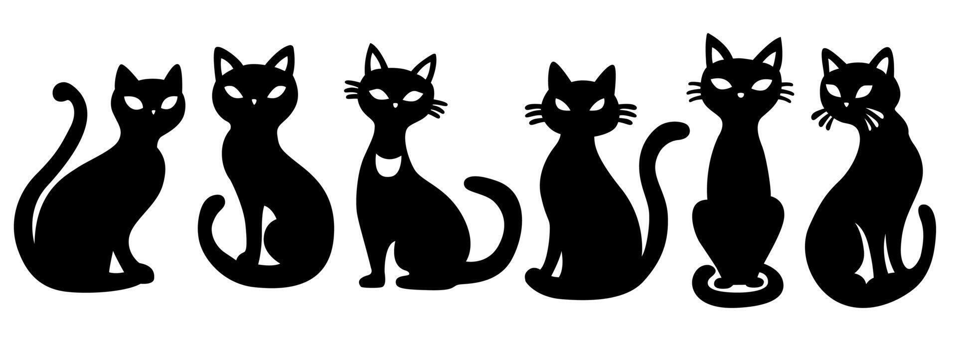 Black cat silhouette set. Hand drawn flat illustration. vector