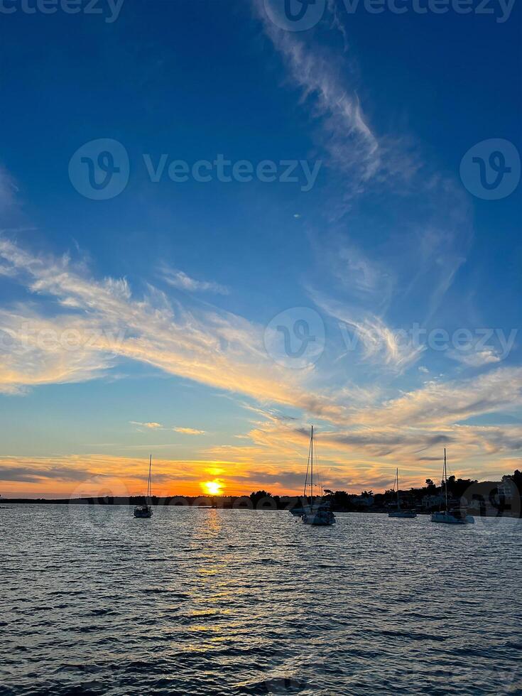 Yachts moored on buoys near the shore in the bay of Uvala Gradina near the town of Vela Luka on the island of Korcula at sunset lights in Croatia. photo