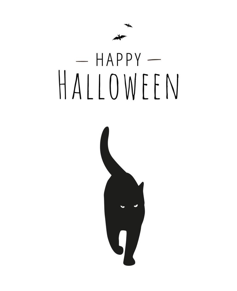 Black cat silhouette in minimalist style with text and bats. Happy Halloween greeting card design template vector