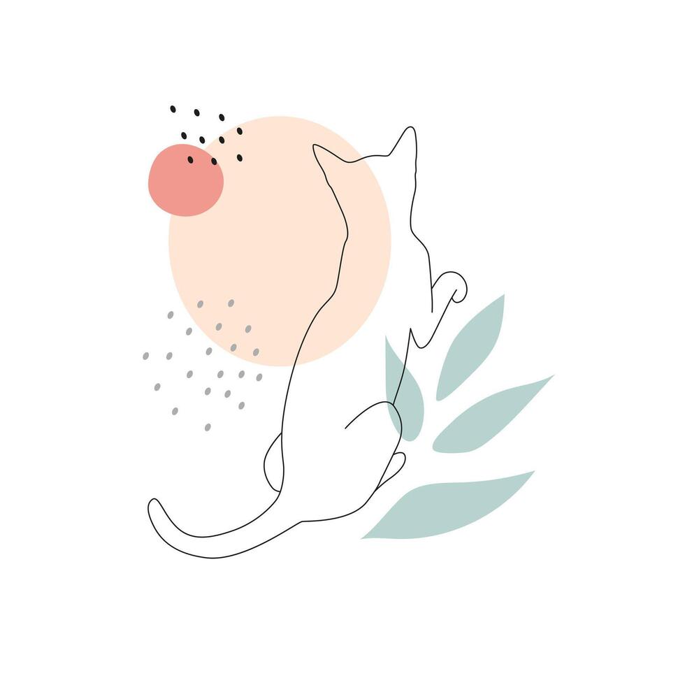 Abstract illustration with spots and cat. Line art trendy print with animal. Outline sketch drawing vector