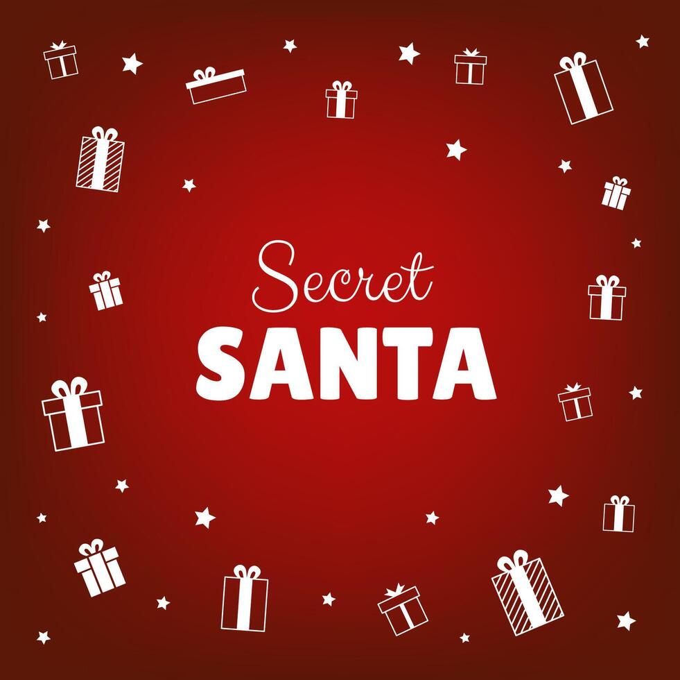 Secret Santa banner design with white gifts icons on dark red background vector