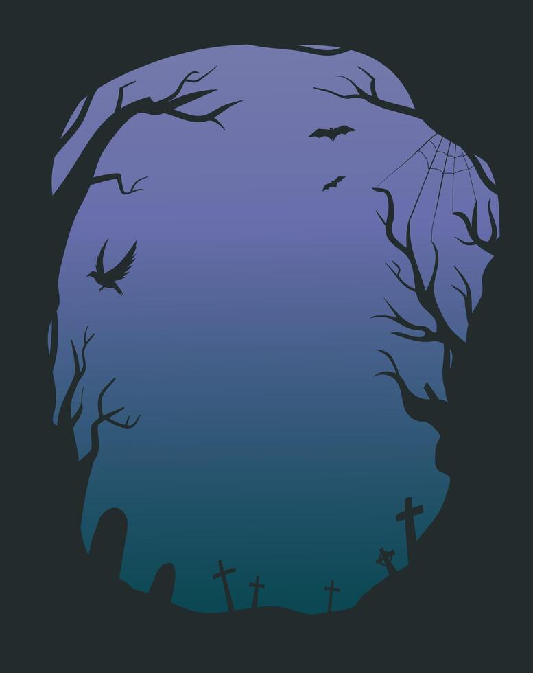Graveyard silhouettes in the night. Cemetery black frame with spooky trees branches, flying bats and raven for Halloween greeting card vector